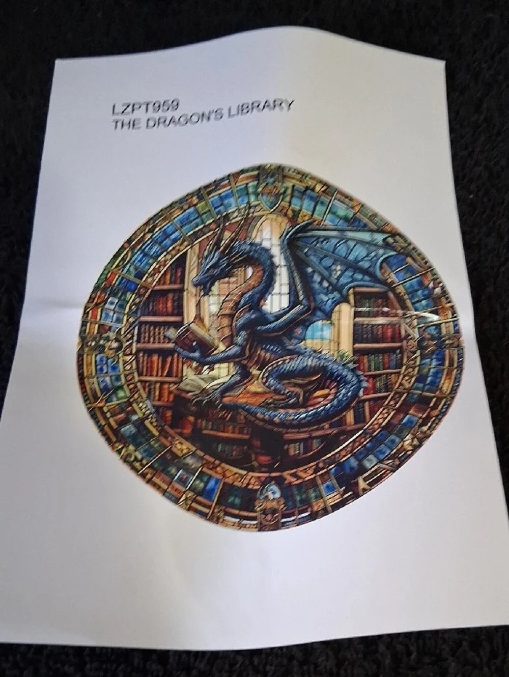 Blue Dragon Round Wooden Jigsaw Puzzle - Fantasy Library Design